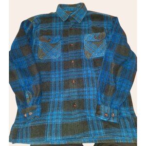 Basic Editions Blue Black Plaid Button-Down Fleece Jacket Flap Pockets Mens Lar